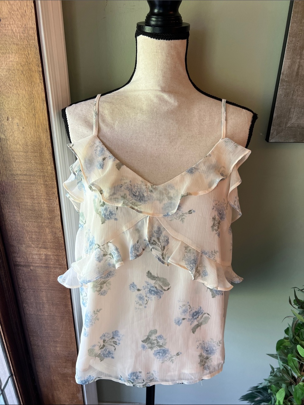 LOFT White Ruffle Floral Camisole with Blue Print - Picture 3 of 9